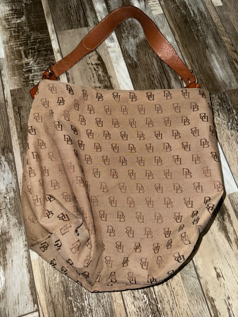 Dooney and Bourke Vintage Beige & Brown Hobo Bag with Leather Strap